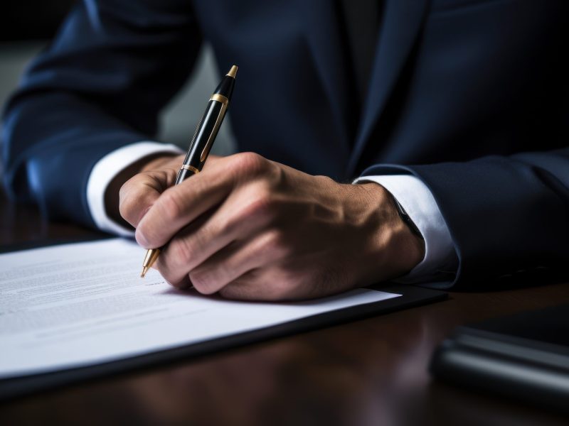 Lawyer scrutinizing and signing a document, panoramic banner with copy space.